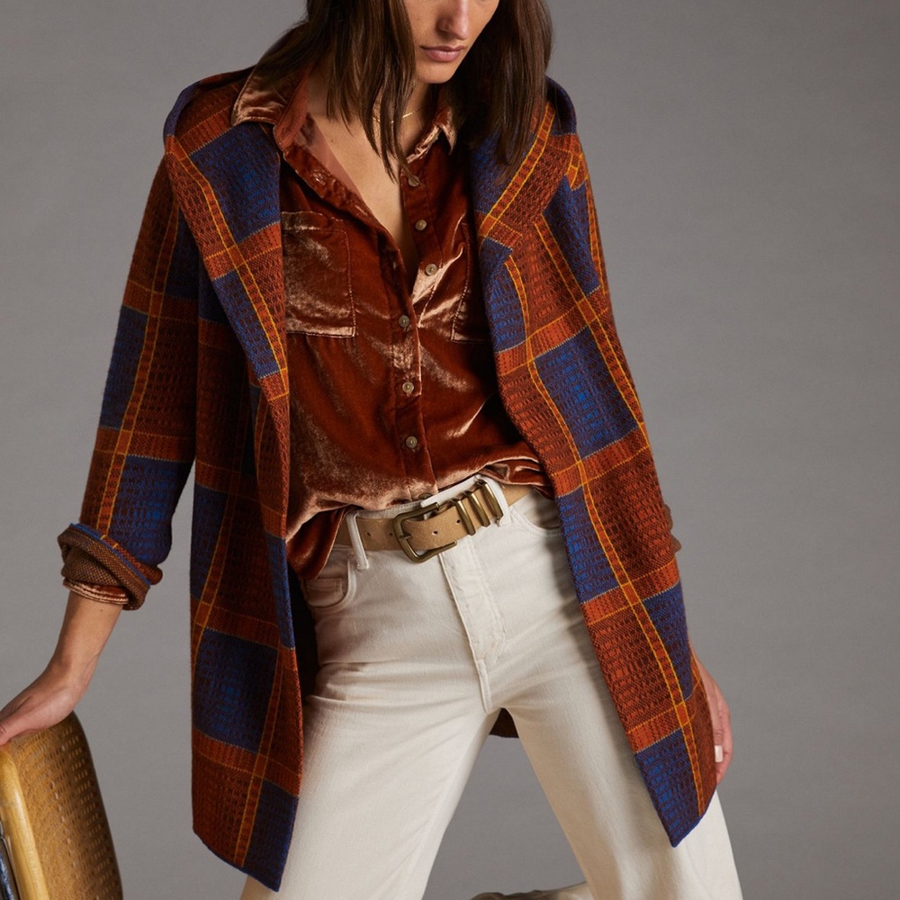 Anthro Field Flower Plaid Wool Sweater Coat